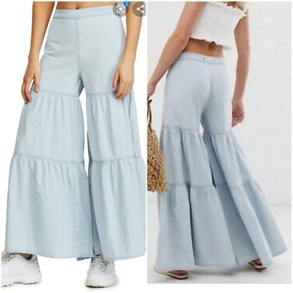 New Free People FP NWT 100% Cotton Stargazing Tiered Wide Leg Pants Size 14 - Picture 2 of 9